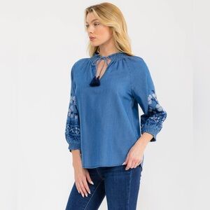 055 • Indigo Blue Embroidered Blouse | Bohemian Blouse Tassel Tie Embroidery Top